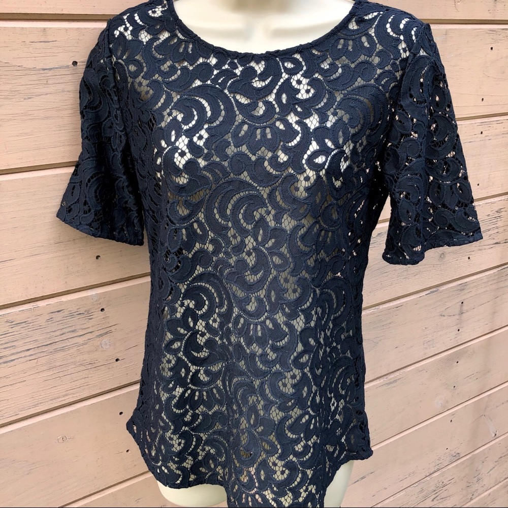 LOFT Short Sleeve Navy Lace Shirt XS